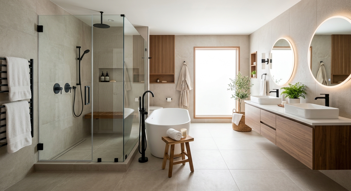 Master bathroom remodel with frameless glass shower and double vanity