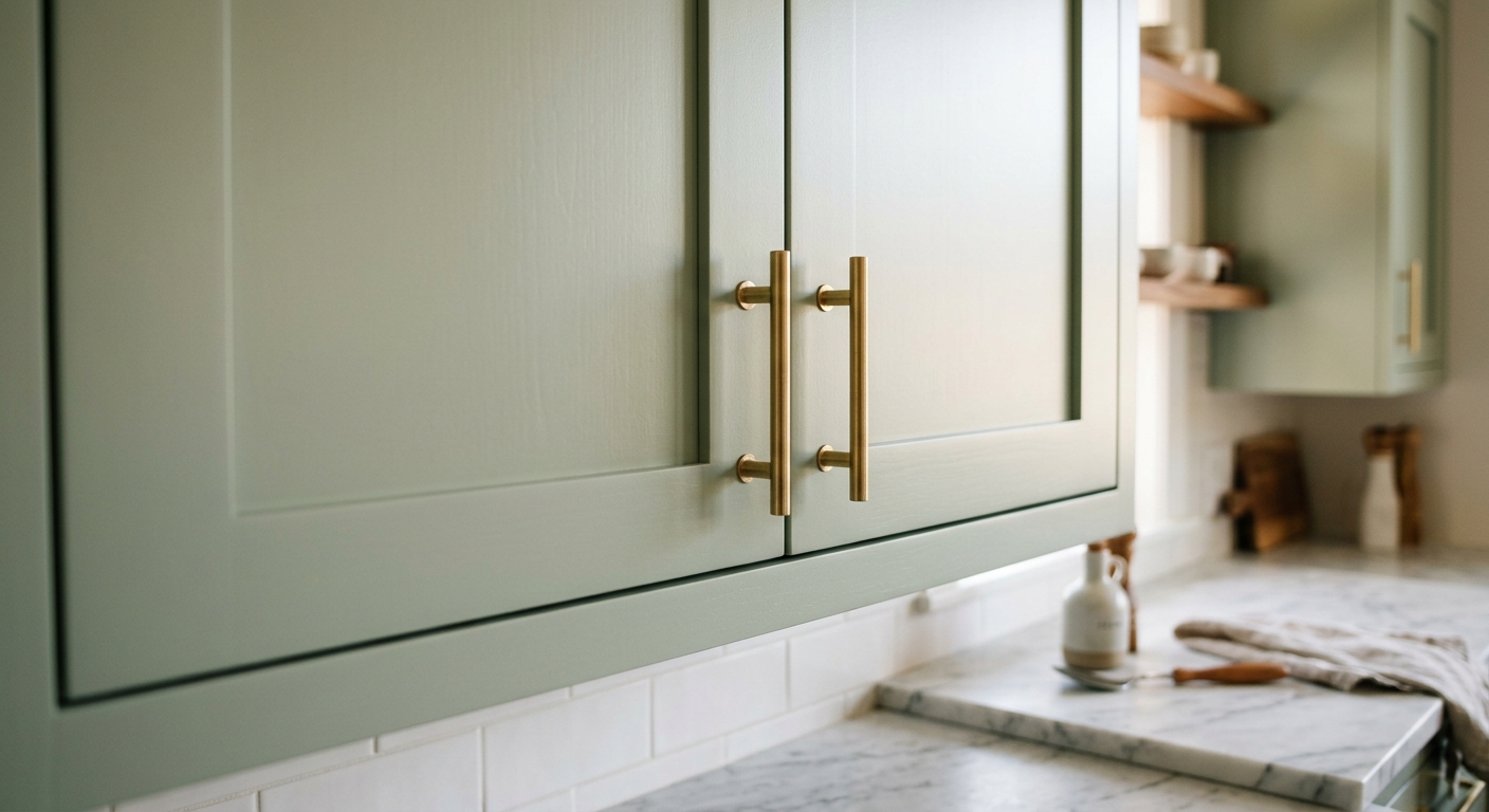 Factory smooth spray painted sage kitchen cabinets with modern gold pulls