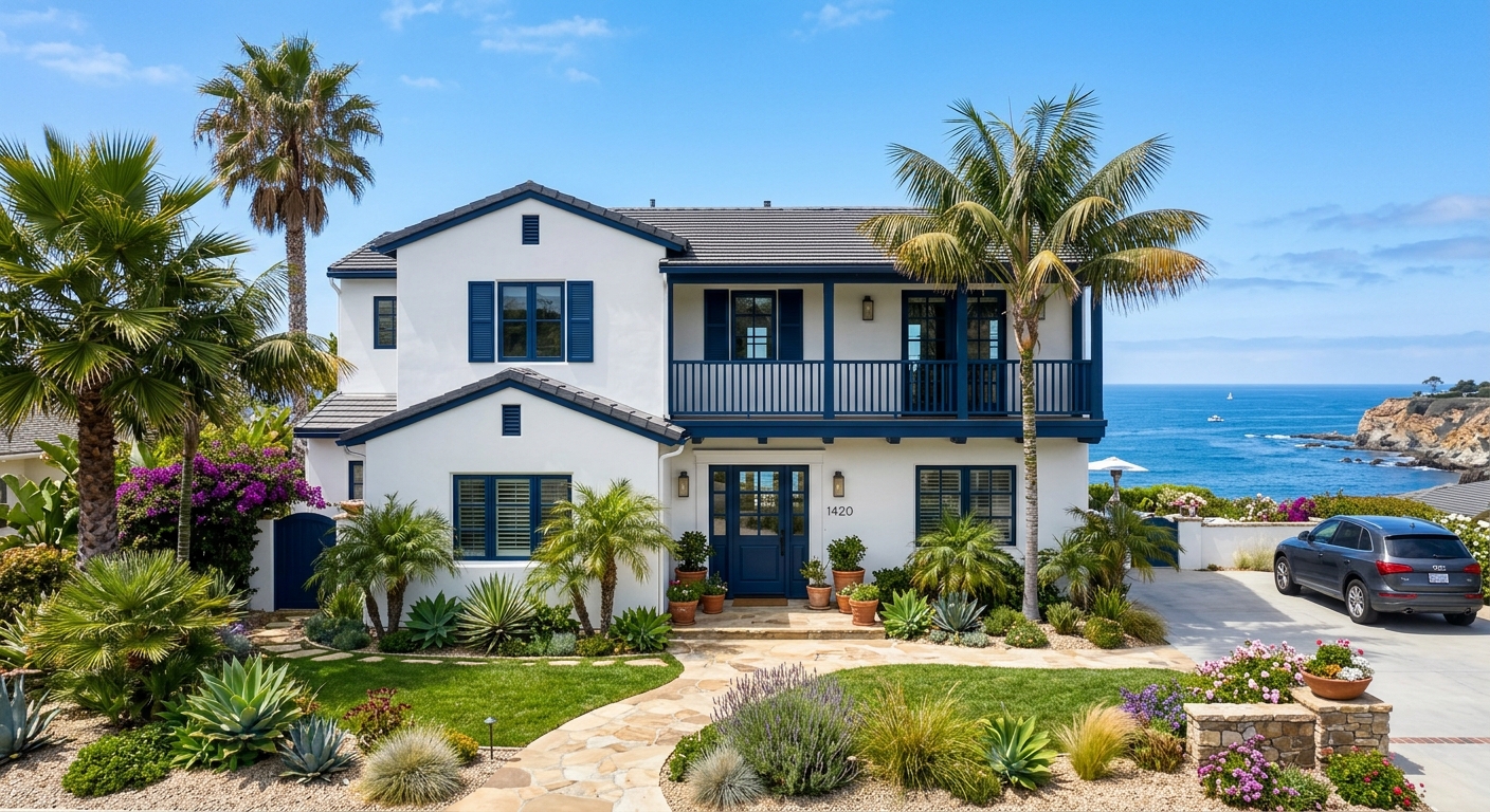 San Diego coastal home with freshly painted white stucco and navy accents