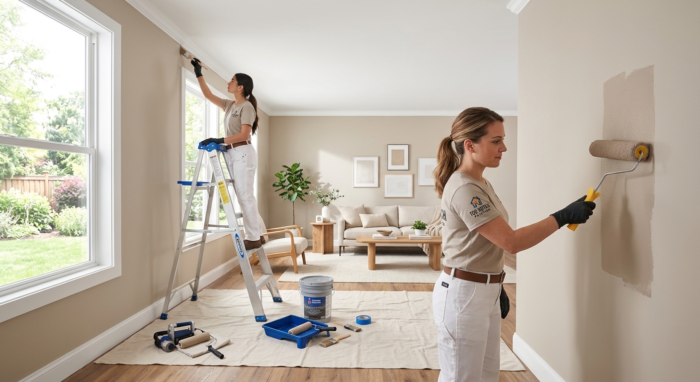 Professional interior painters precision cutting lines on living room walls