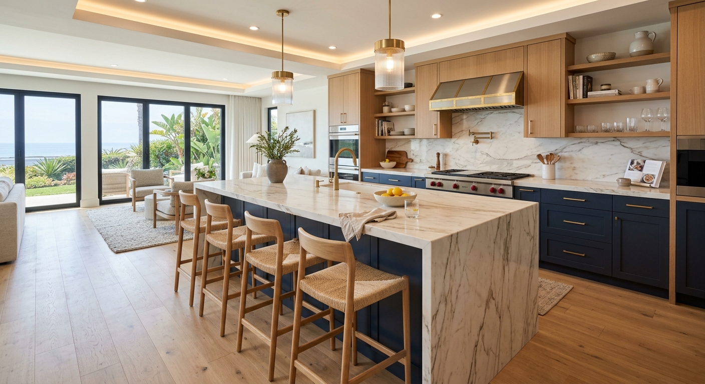 Modern kitchen remodeling with custom cabinetry and quartz island in San Diego