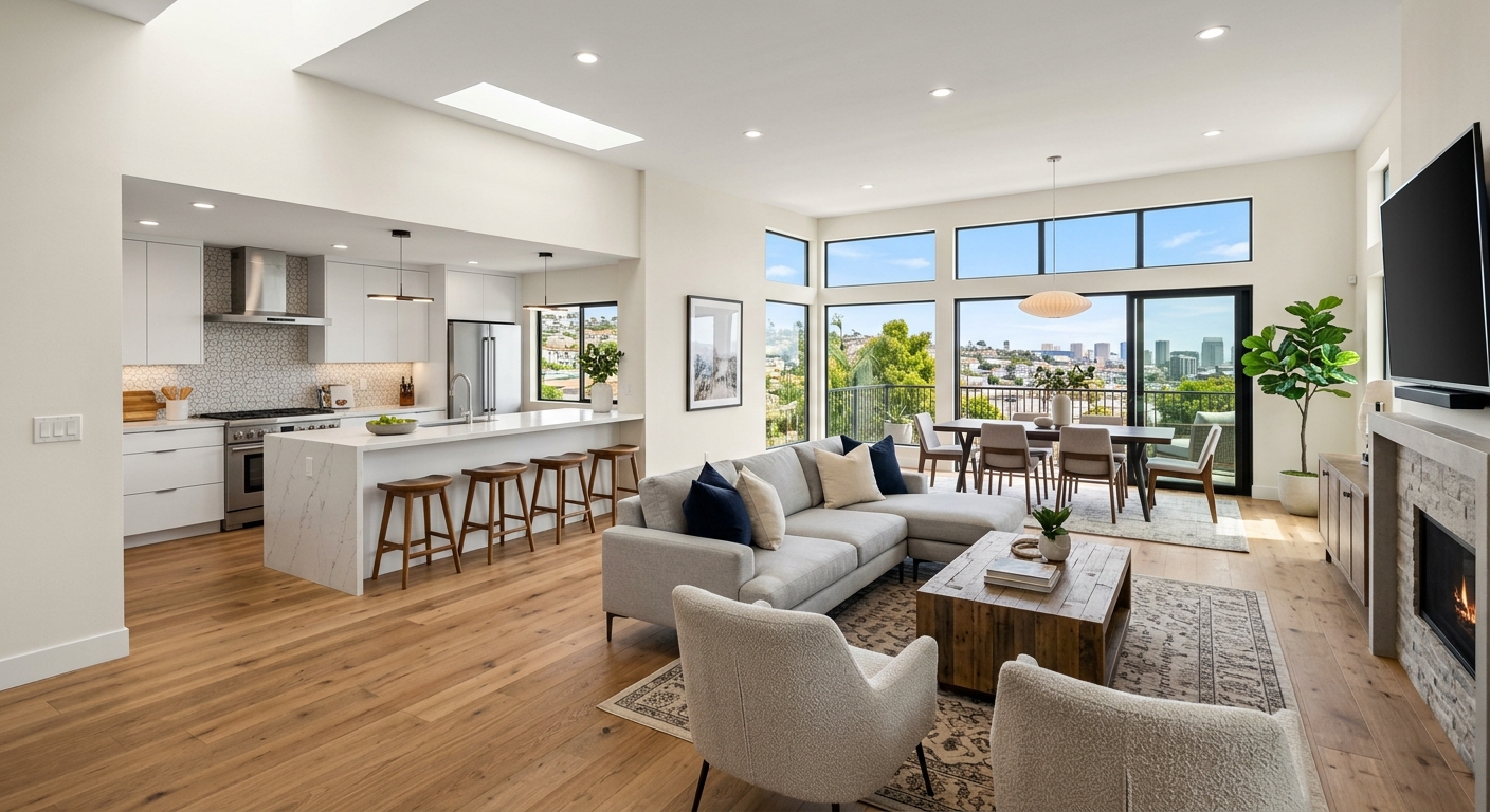 Open concept living room and kitchen whole home renovation